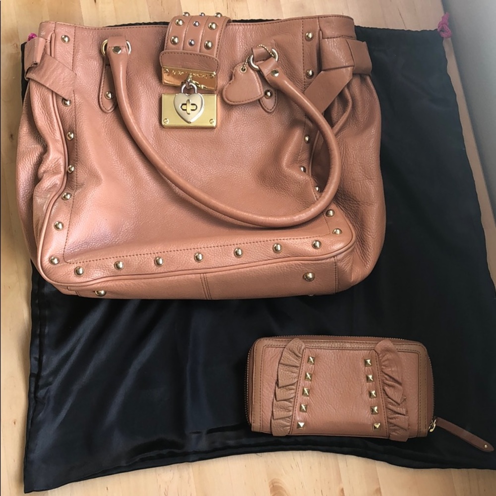 Betsey Johnson Brown Studded Handbag and Wallet